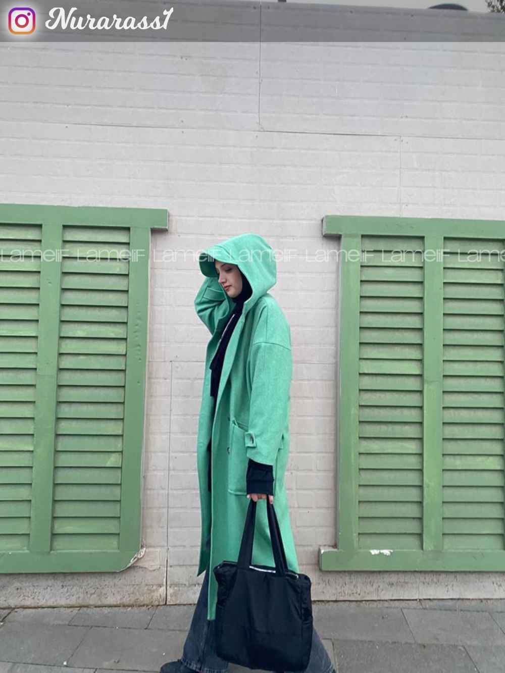 Modalamelif Düğme Kapamalı Kapüşonlu Kaban Yeşil
