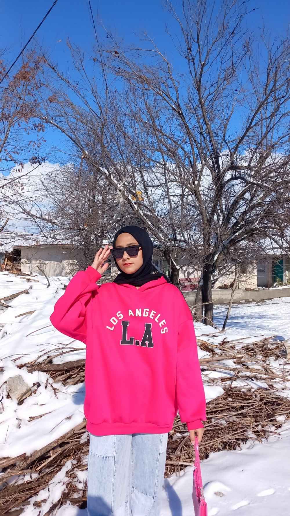 Lamelif Los Angeles Baskılı Oversize Sweatshirt Fuşya