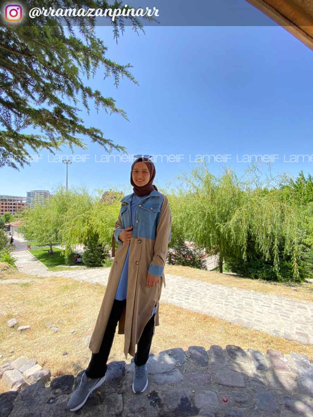 Modalamelif Belden Bağlamalı Kot Garnili Trenç Camel