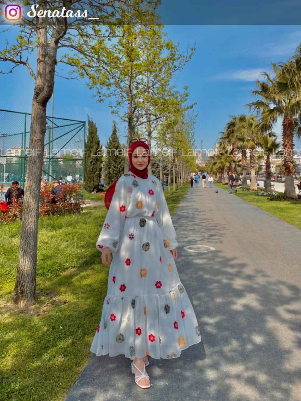 Modalamelif Hasır Kemerli Nakışlı Elbise Beyaz