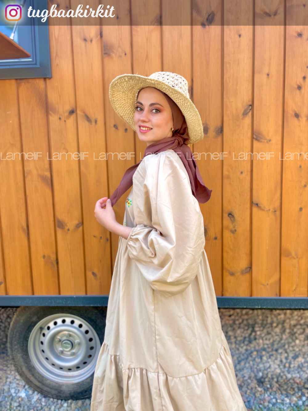 Lamelif Elica Tesettür Elbise Taş Rengi