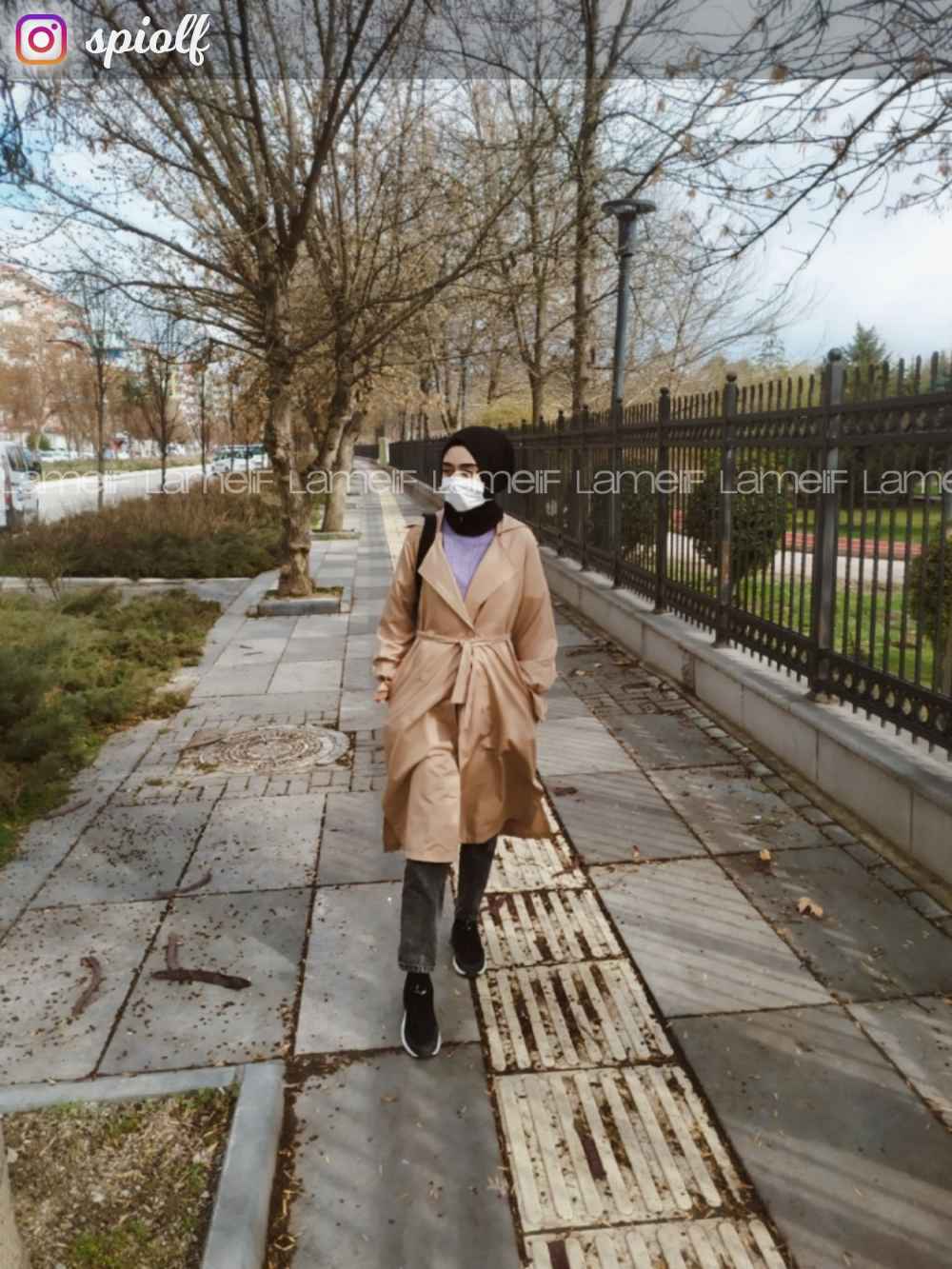 Lamelif Kol Lastikli Belden Bağlamalı Trenç  Camel