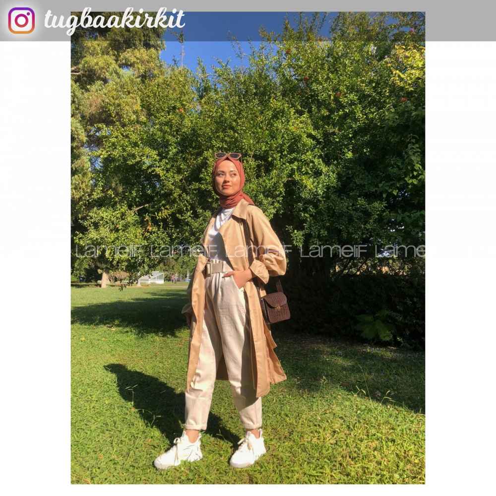 Lamelif Kol Lastikli Belden Bağlamalı Trenç  Camel