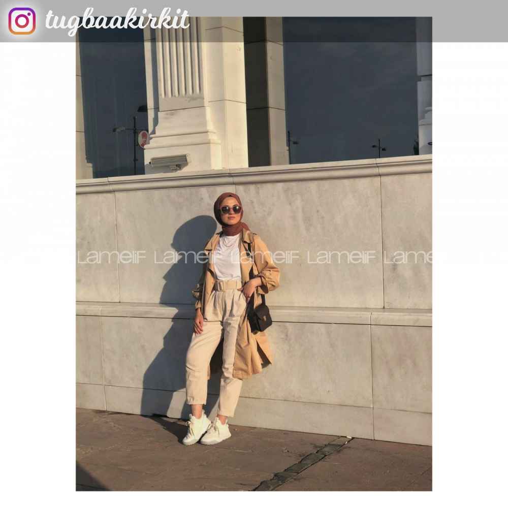 Lamelif Kol Lastikli Belden Bağlamalı Trenç  Camel