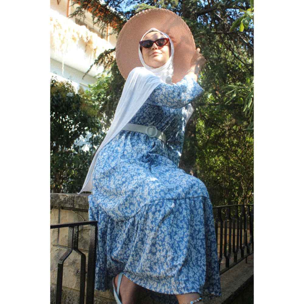 oyut Desen Kemerli Elbise Açık Mavi