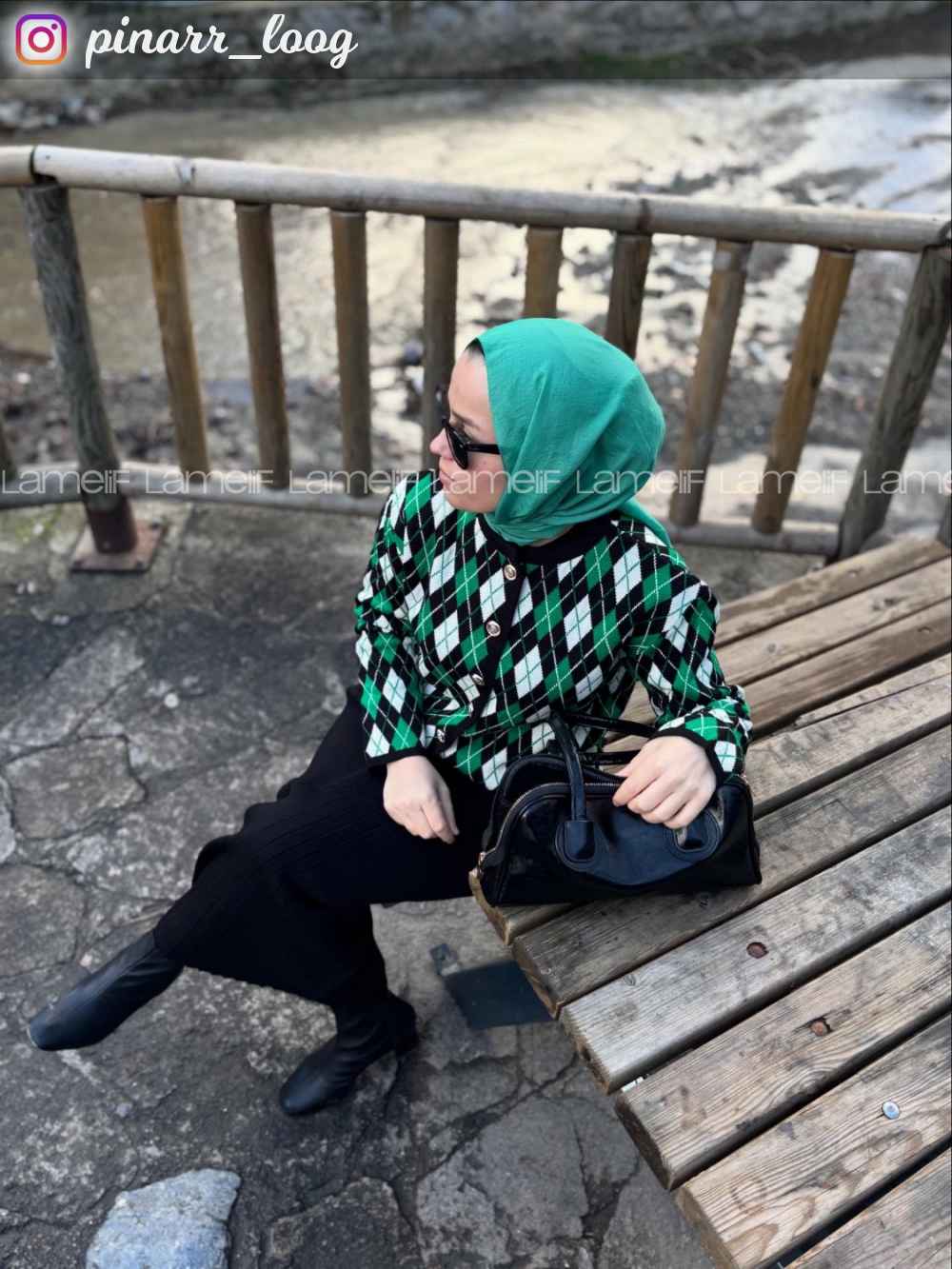 Lamelif Baklava Desen Etekli Triko Takım Yeşil