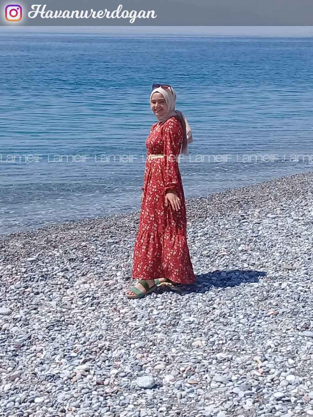 Modalamelif Çiçek Desen Hasır Kemerli Elbise Kiremit