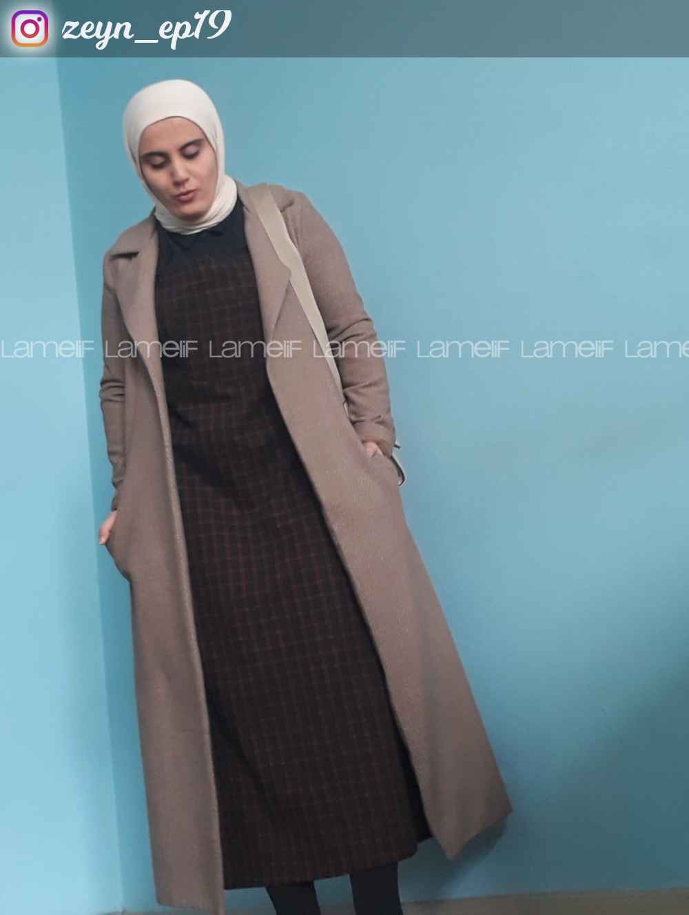 Modalamelif Önü Cepli Ekose Slopet Elbise Kiremit