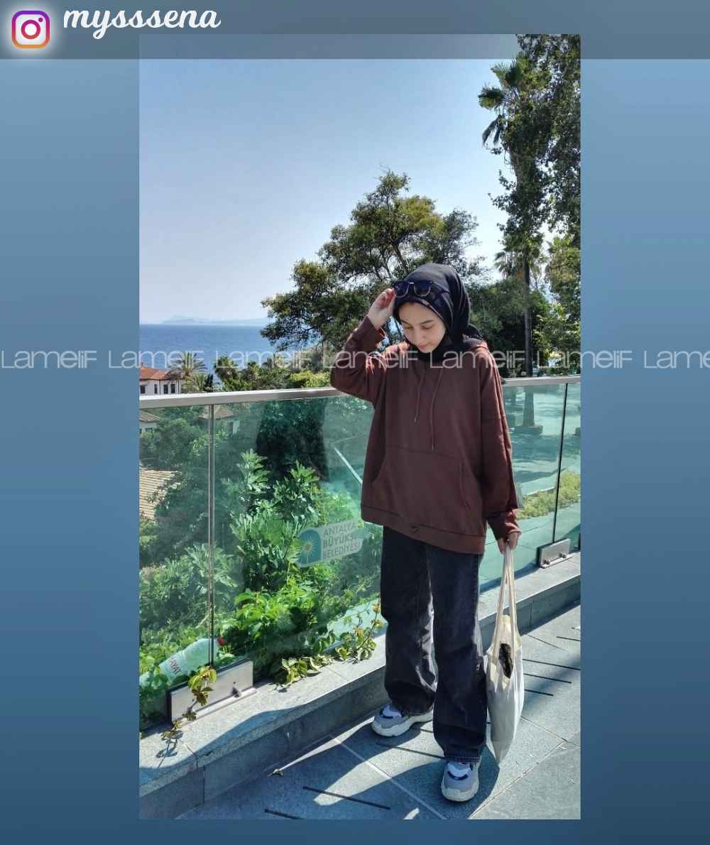 Lamelif Etek Ucu Bağcıklı Kanguru Cep Sweatshirt Acı Kahve