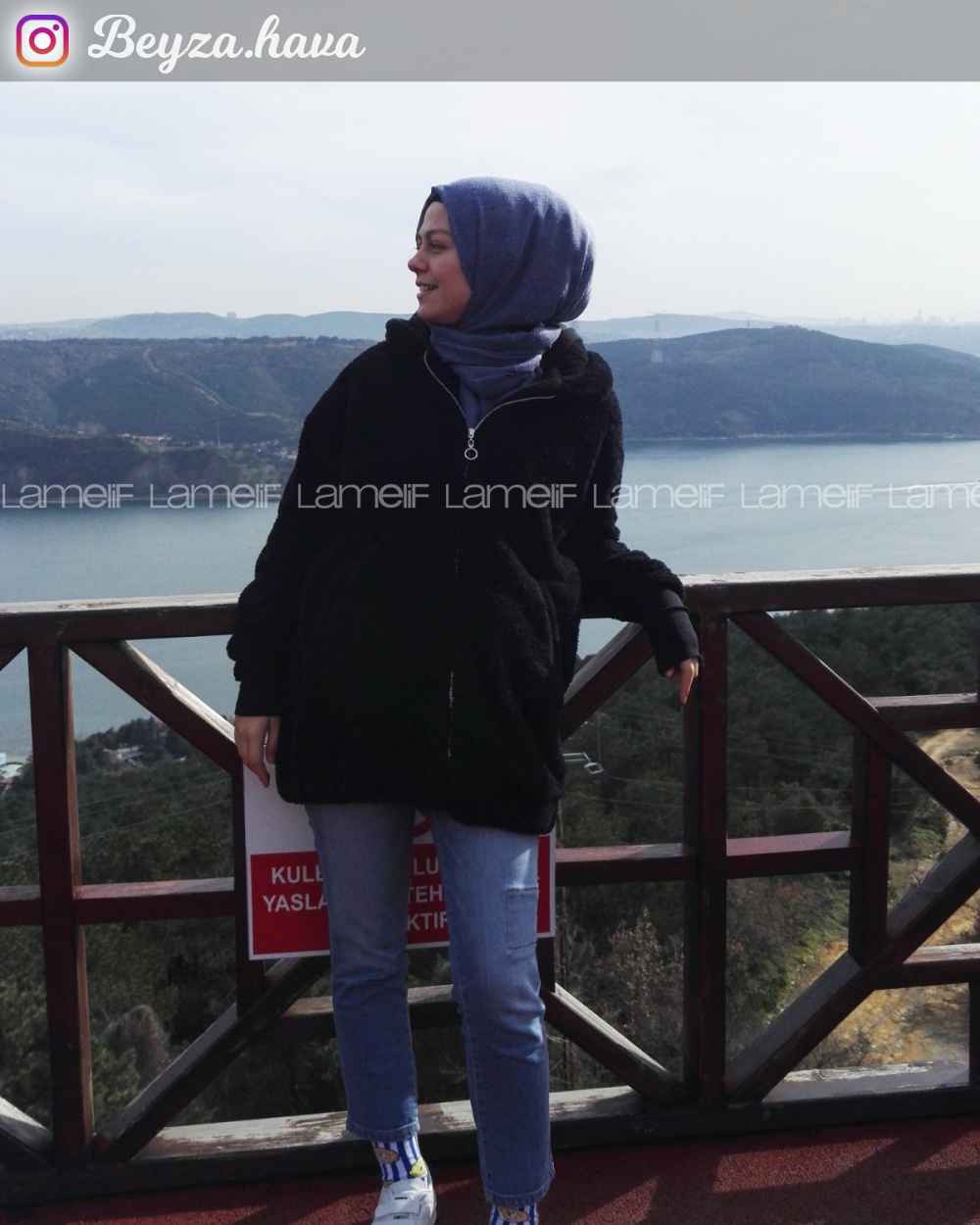 Lamelif Peluş Mont Siyah