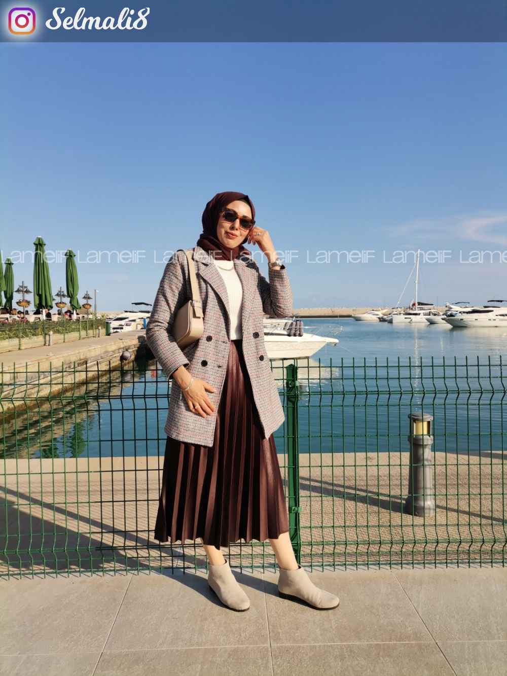 Modalamelif Beli Lastikli Deri Görünümlü Laklı Etek Acı Kahve