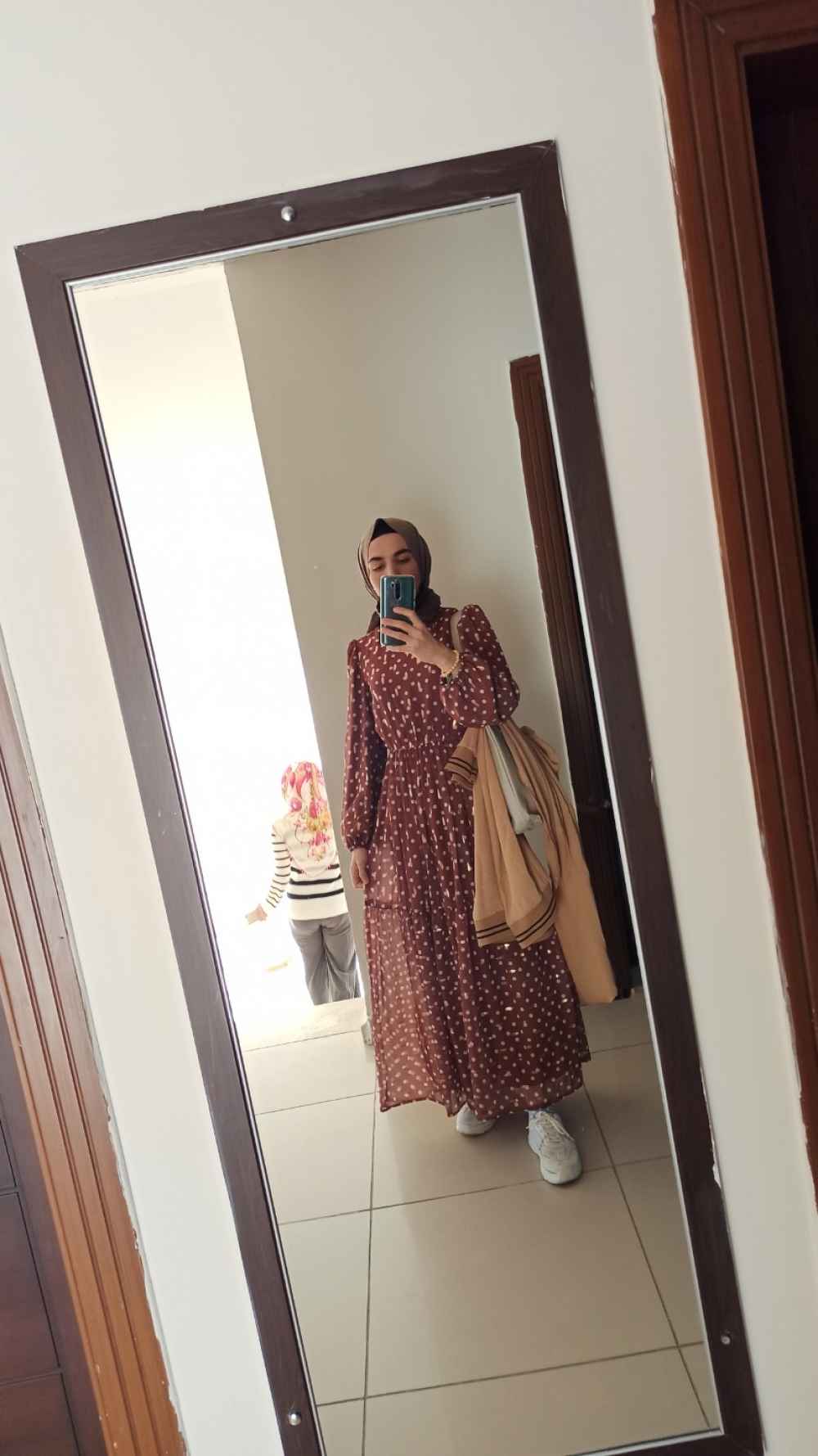 Modalamelif Bel Lastik  Puantiye Desen Elbise Acı Kahve