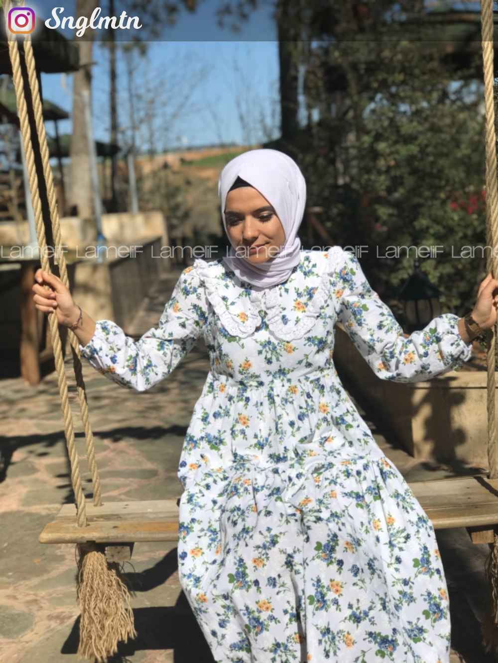 Modalamelif Yaka Dantelli Çiçek Desen Elbise Ekru