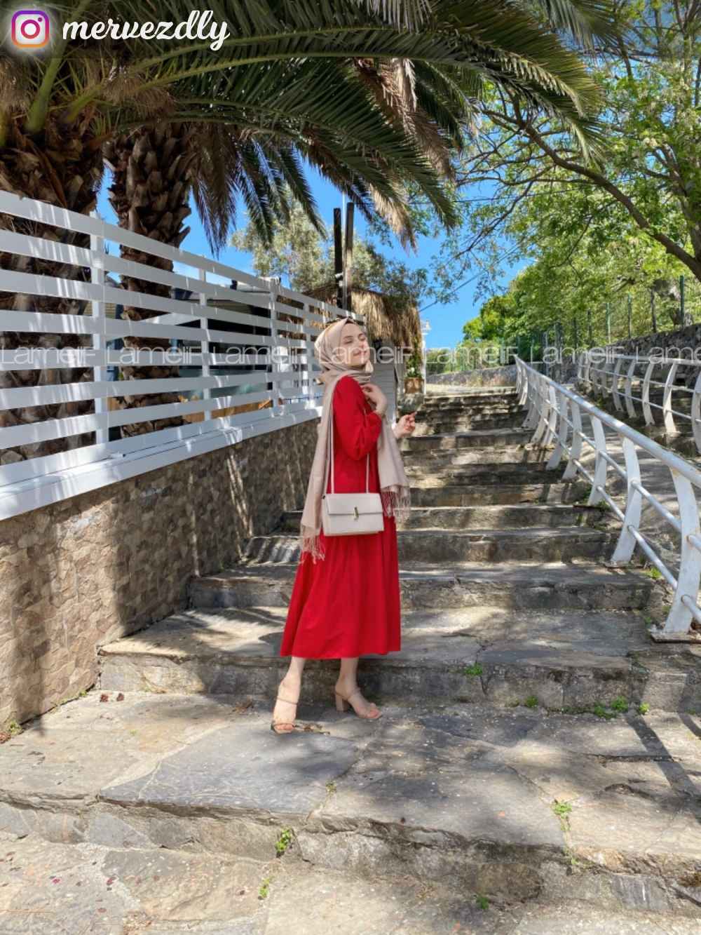 Modalamelif Kol Lastikli Fırfırlı Elbise Kırmızı