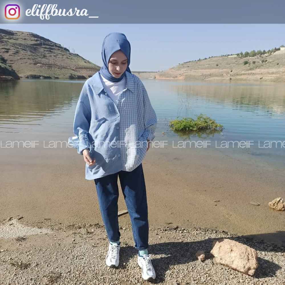 Modalamelif Oversize Ekose Gömlek Açık Mavi