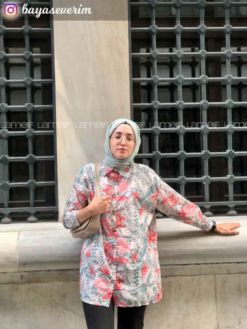 Modalamelif Çiçek Desen Dijital Baskı Gömlek Bej