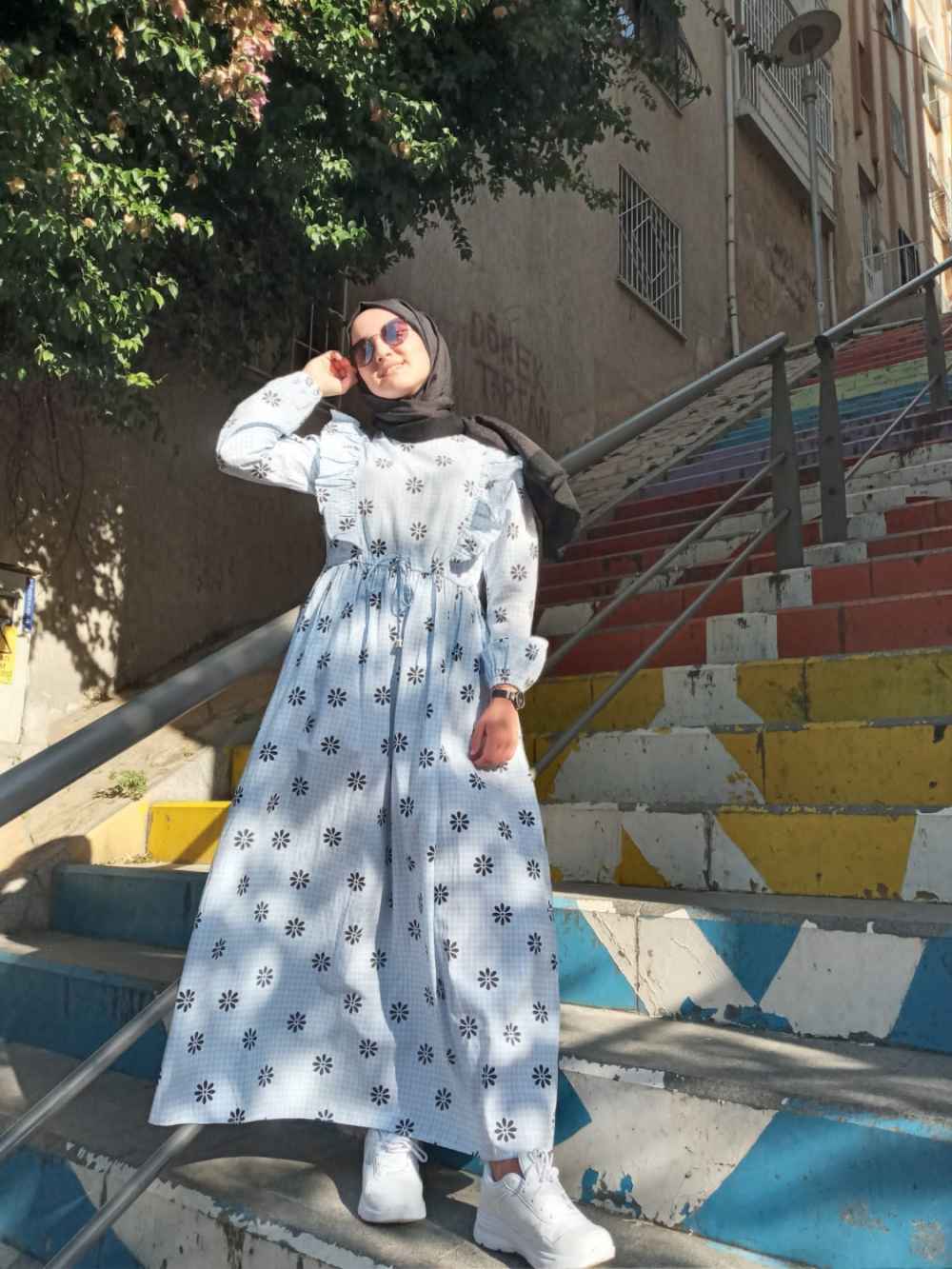 Modalamelif  Bel  Bağcıklı Papatya Desen Elbise Açık Mavi