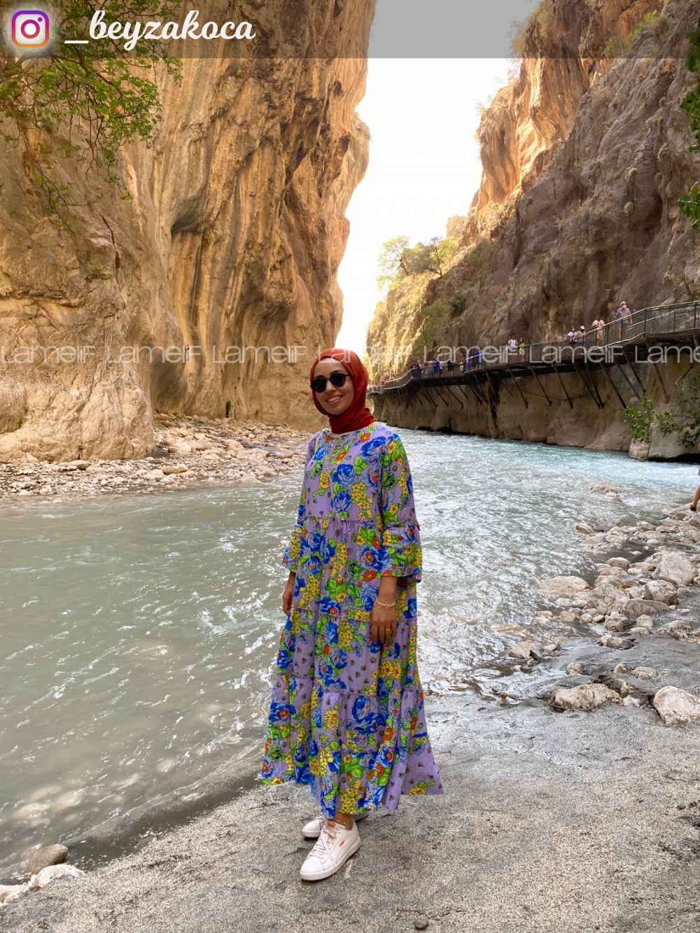 Modalamelif Çiçek Desenli Yaka Bağlamalı Elbise Lila