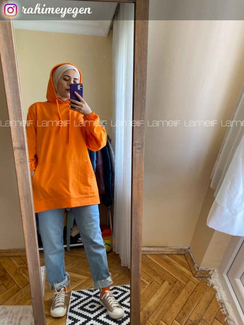 Modalamelif  Kanguru Cepli Kapşonlu Sweatshirt Oranj