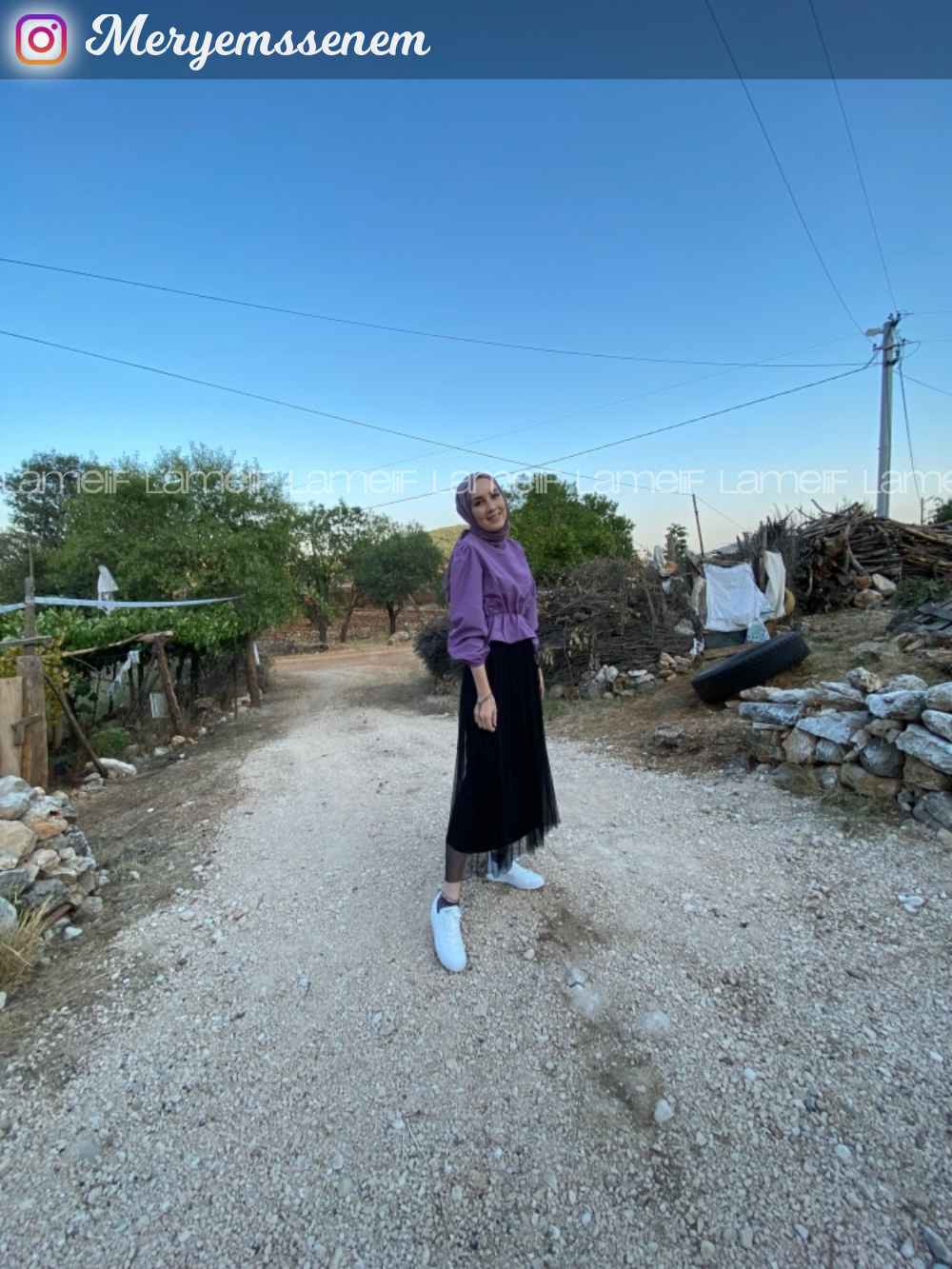 Modalamelif Bel Lastikli Balon Kol Bluz Eflatun