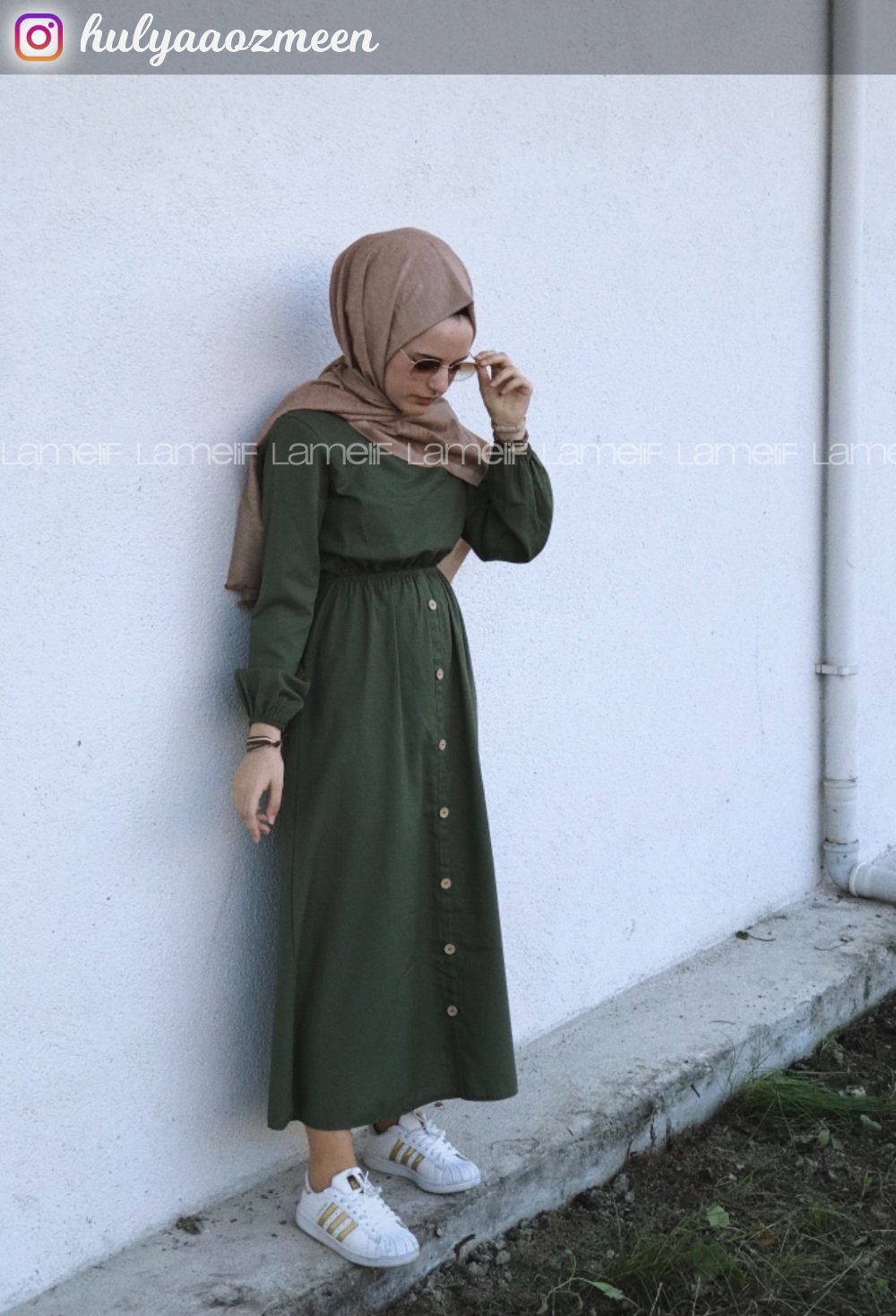 Modalamelif Bel Büzmeli Keten Elbise Haki