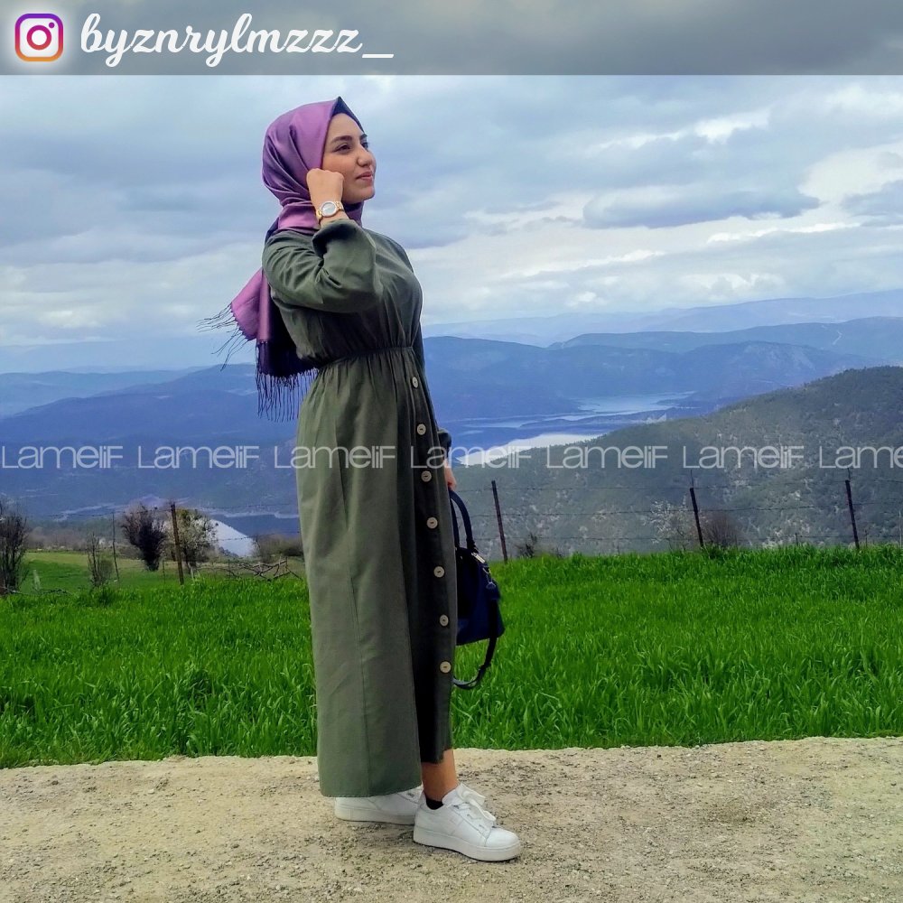 Modalamelif Bel Büzmeli Keten Elbise Haki