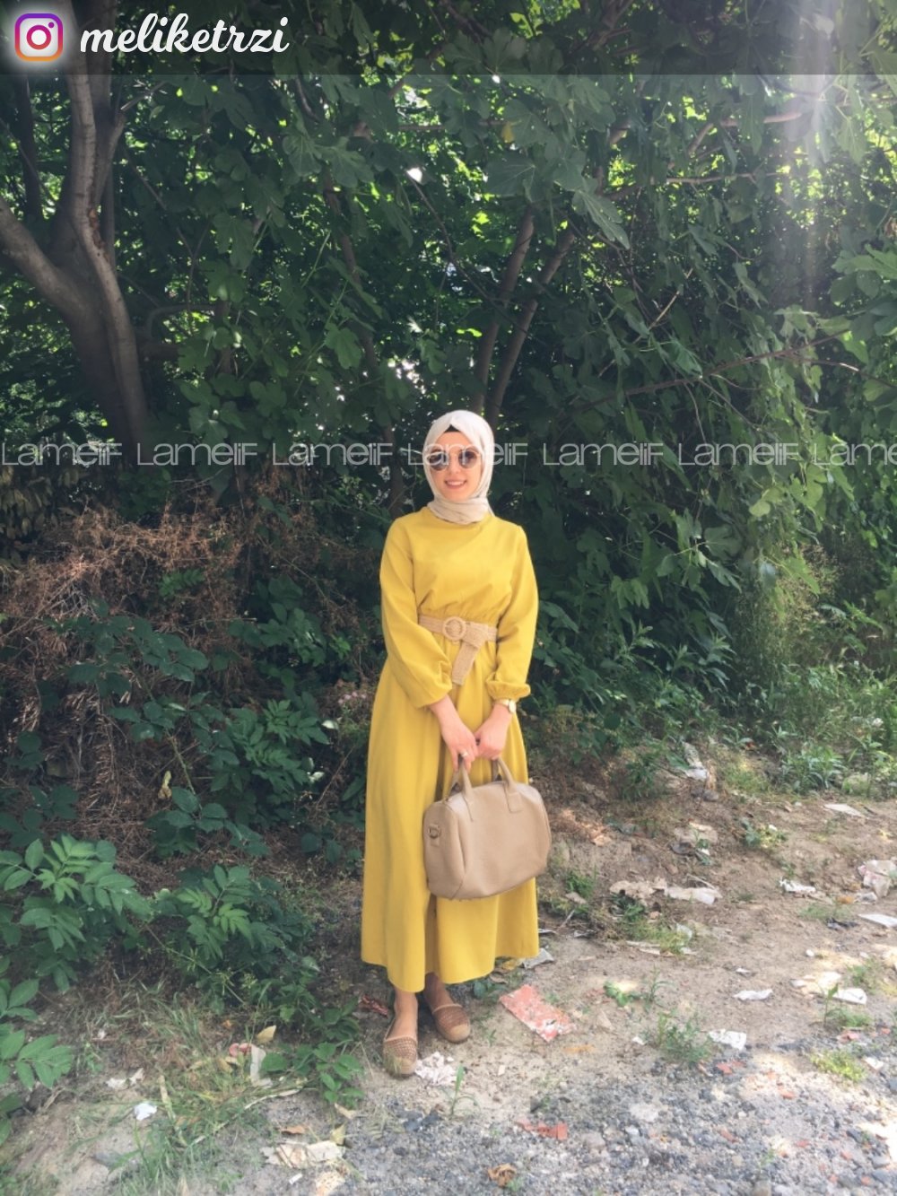 Modalamelif Bel Büzmeli Keten Elbise Lime