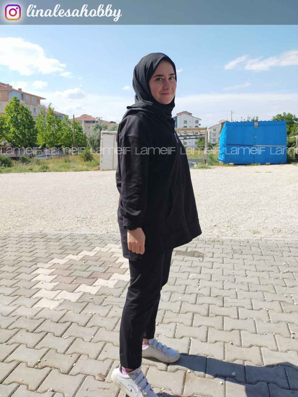 Lamelif Önü Fermuarlı Kapüşonlu Hırka Siyah