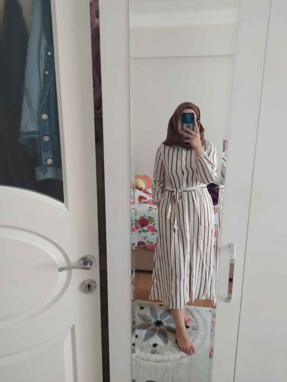 Modalamelif Gömlek Yaka Çizgili Elbise Kahve