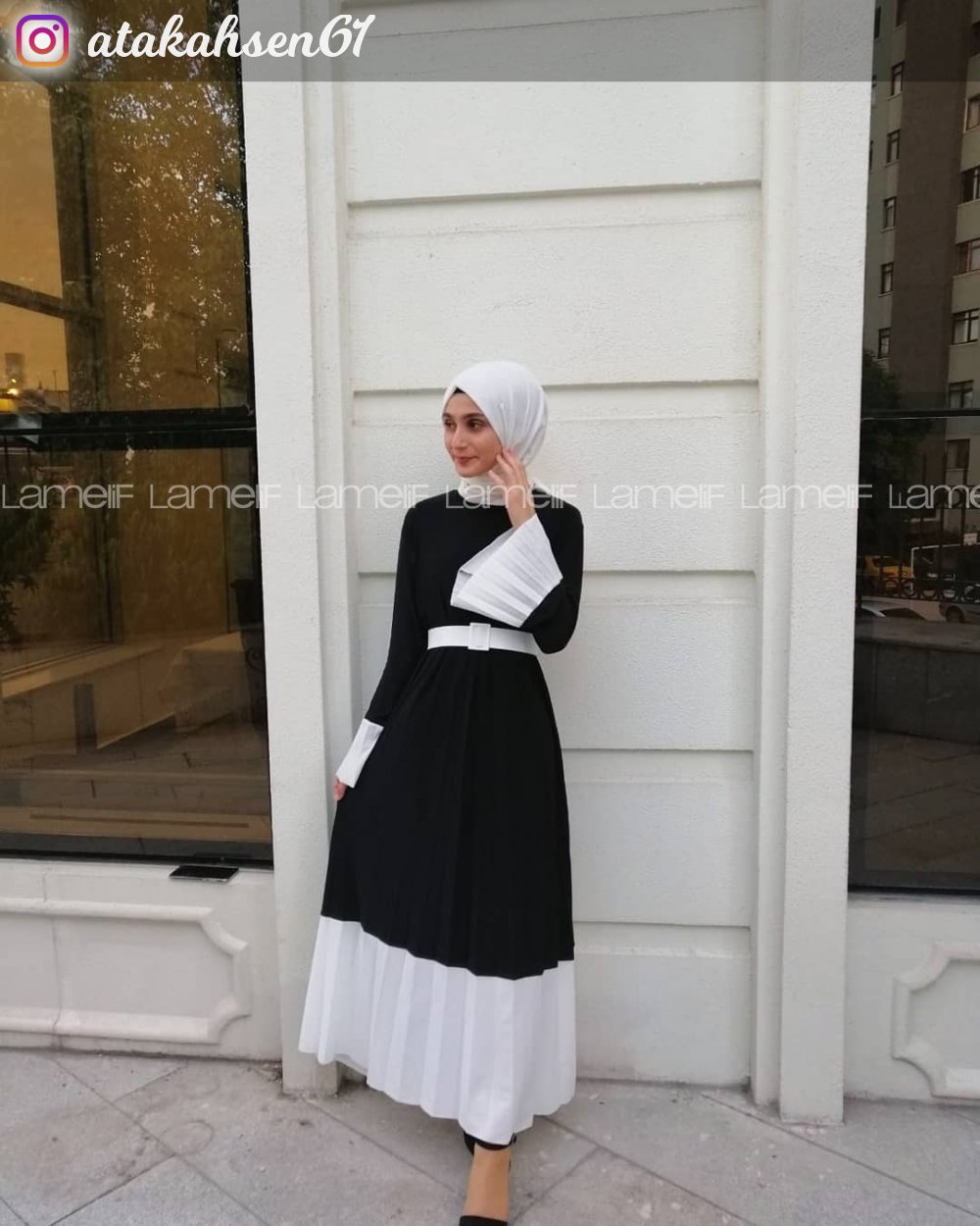 Modalamelif Siyah Çingene Model Beyaz Geçişli Kemerli Elbise