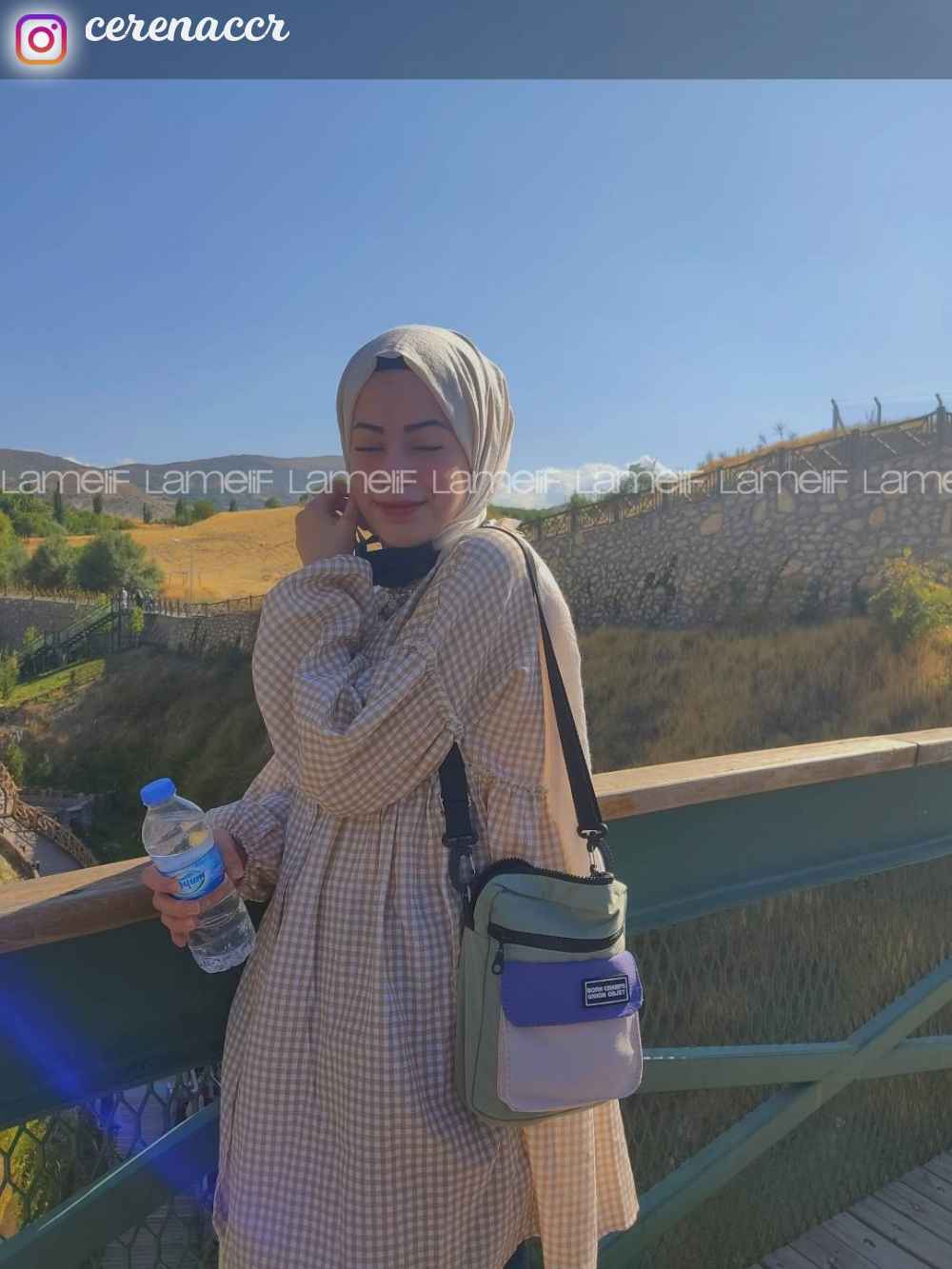 Modalamelif Yaka Fırfırlı Ekose Tunik Sütlü Kahve