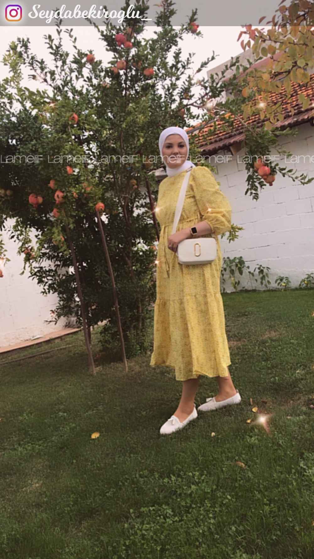 Modalamelif Beli Tünelli Papatya Desen Elbise Sarı