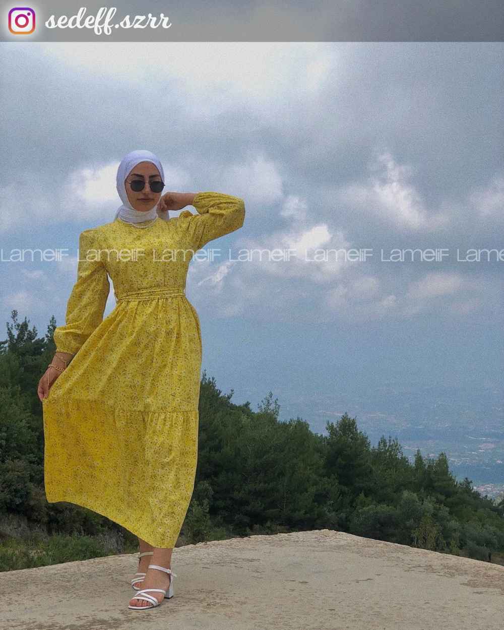 Modalamelif Beli Tünelli Papatya Desen Elbise Sarı