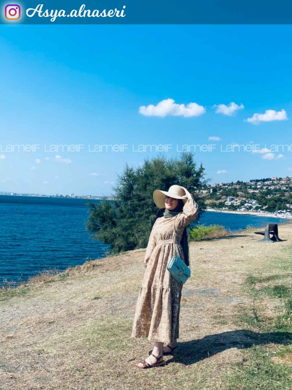 Modalamelif Beli Kuşak Detaylı Çiçek Desen Elbise Camel