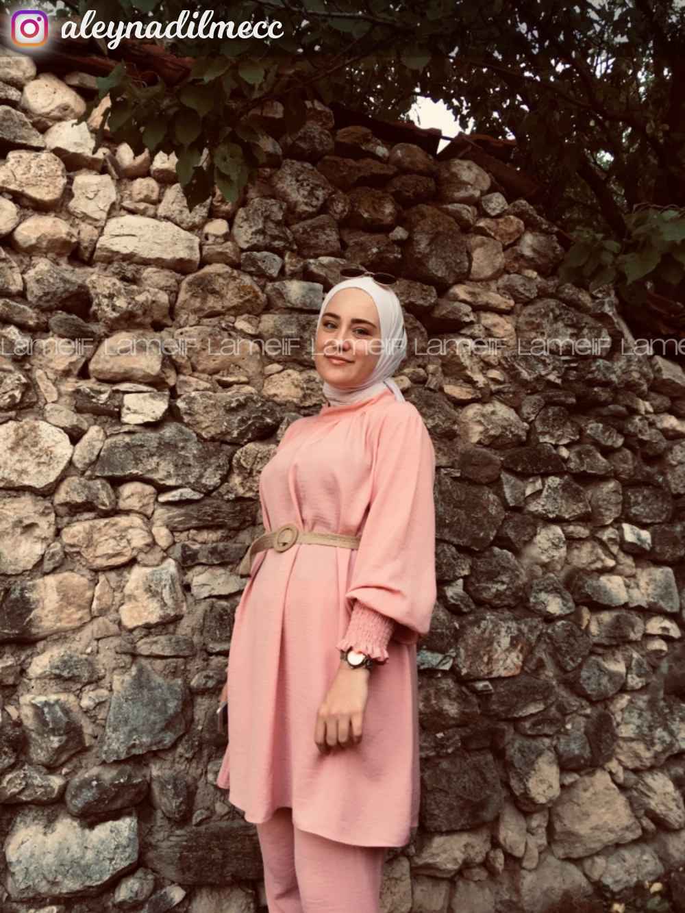 Modalamelif Hasır Kemerli Kolu Lastikli İkili Takım Pembe