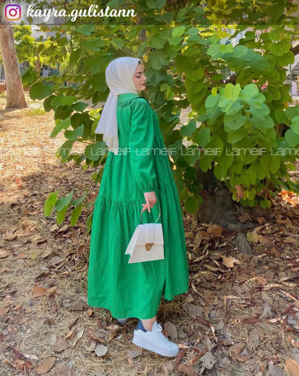 Modalamelif Yaka Dantelli Elbise Yeşil