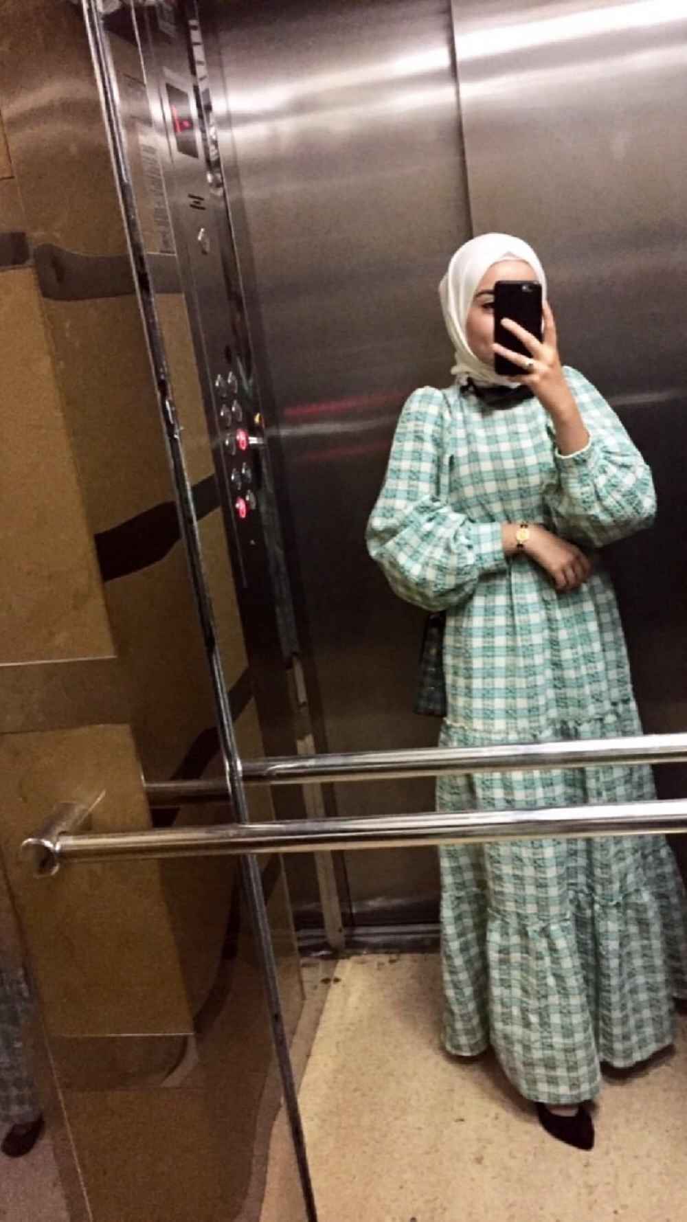 Modalamelif Kare Desenli Beli Lastikli Gofre Elbise Mint