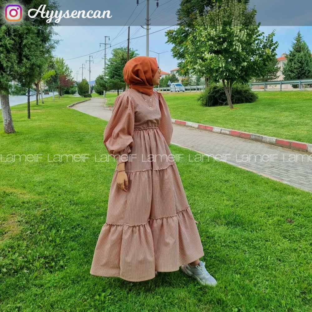 Modalamelif Balon Kol Çizgi Desenli Fırfırlı Elbise Taba