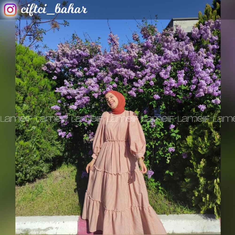 Modalamelif Balon Kol Çizgi Desenli Fırfırlı Elbise Taba