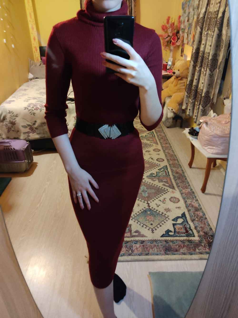 Fitilli Boğazlı Triko Elbise Bordo