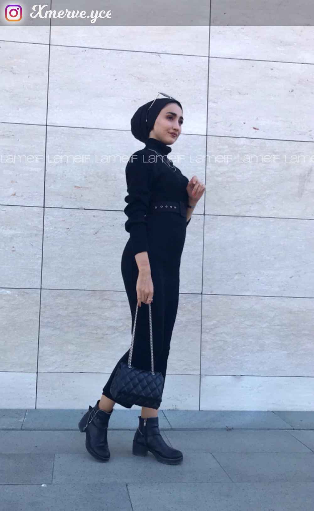 Modalamelif Fitilli Boğazlı Triko Elbise Siyah