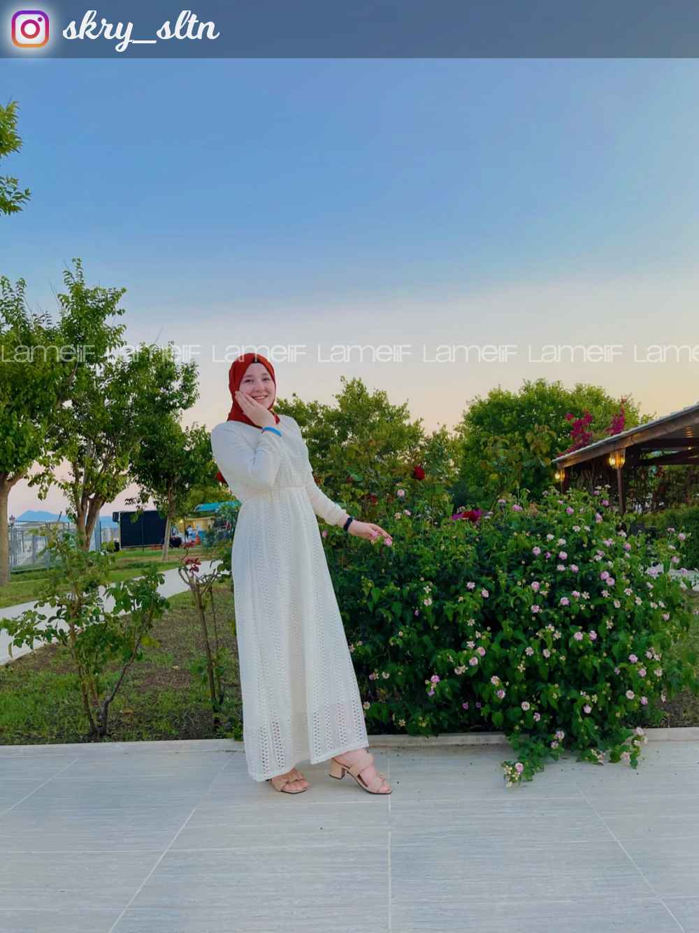 Lamelif Hasır Kemerli Astarlı Tesettür Elbise Ekru