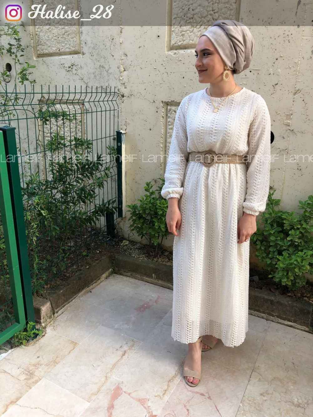 Lamelif Hasır Kemerli Astarlı Tesettür Elbise Ekru