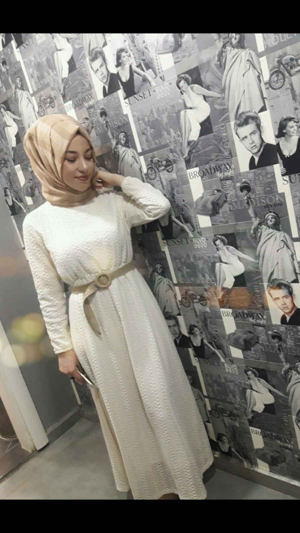 Lamelif Hasır Kemerli Astarlı Tesettür Elbise Ekru