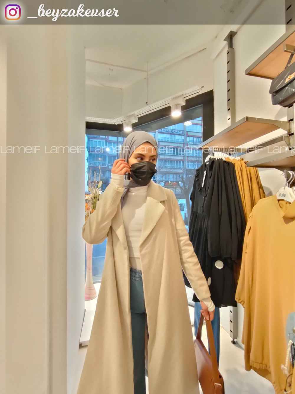 Lamelif Kuşak Bağlamalı Kaşe Kaban Bej