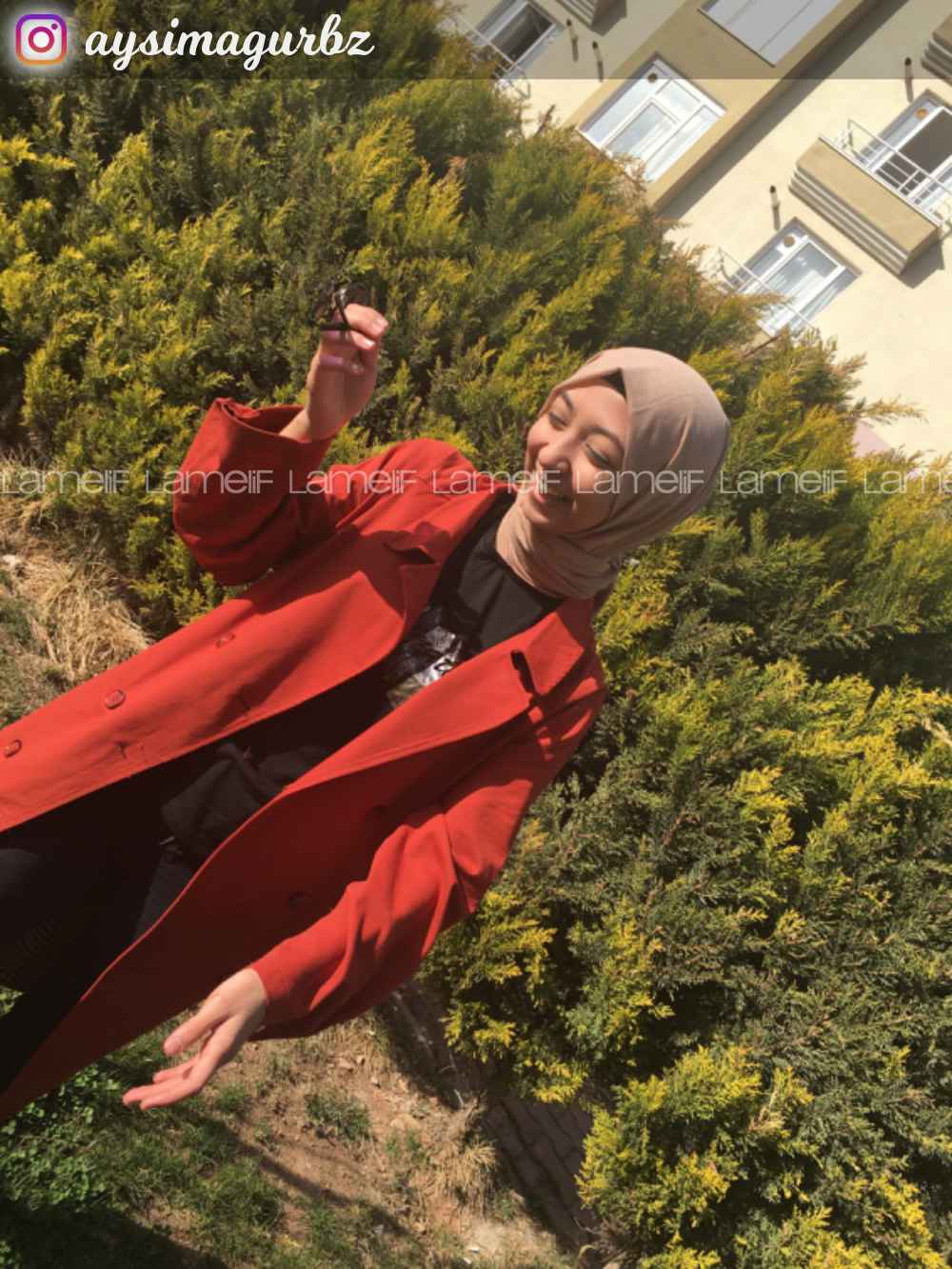 Modalamelif Arkası Ekose Desen Belden Bağlamalı Trenç Kiremit