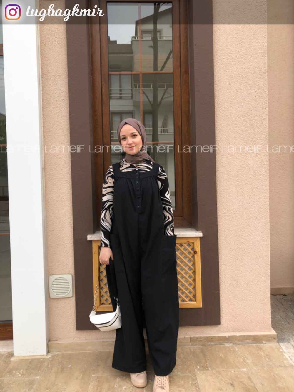 Lamelif Soyut Desen Body Siyah-Bej