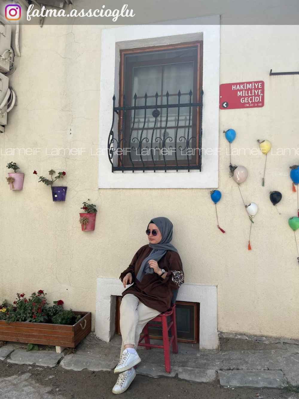 Lamelif Kol Baskılı Tunik Acı Kahve