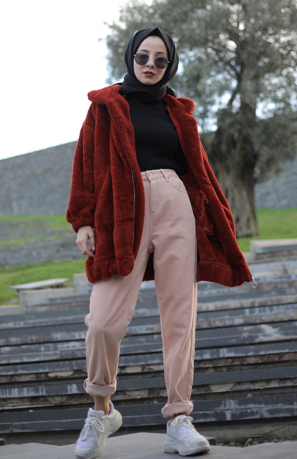 Lamelif Peluş Mont Kiremit