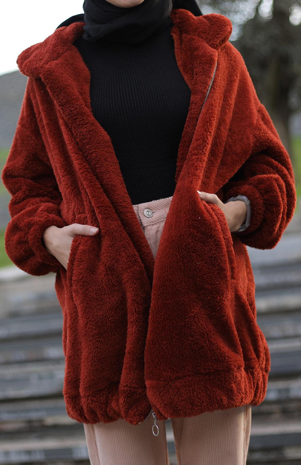 Lamelif Peluş Mont Kiremit